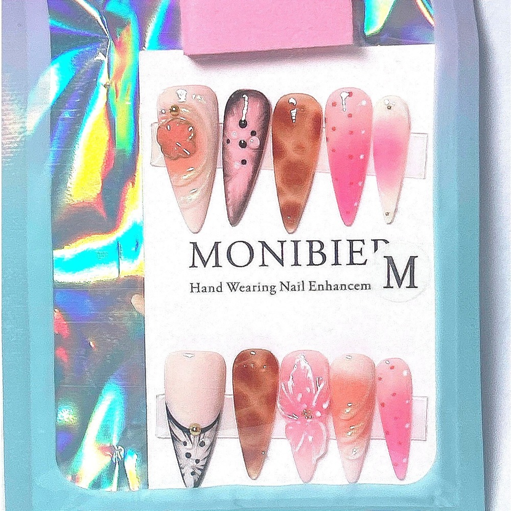 MONIBIER Pink Brown Animal Print Floral Press On Nails Coffin Medium - Picture 1 of 3